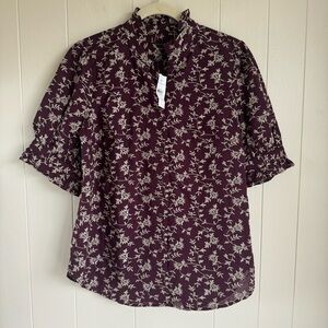 NWT Ann Taylor Womens Floral Embroidered Puff Sleeves Ruffle Neck Burgundy Small